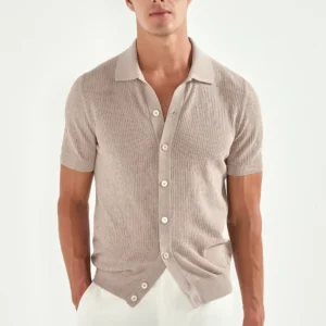 Taupe knitted polo cardigan - Made in Italy