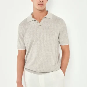 Ecru cotton and linen ribbed polo - Made in Italy