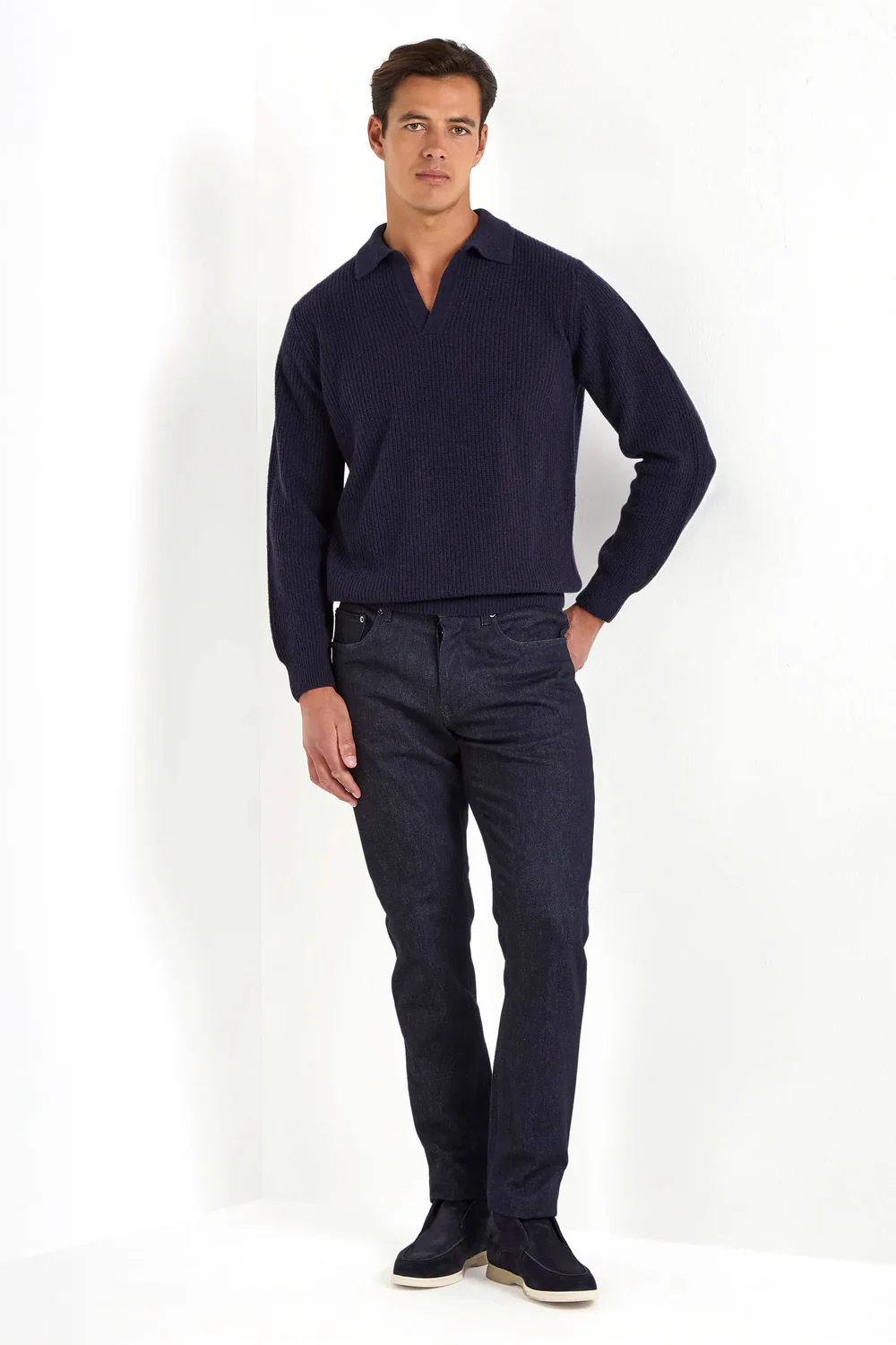 Blue ribbed cashmere blend polo – Made in Italy